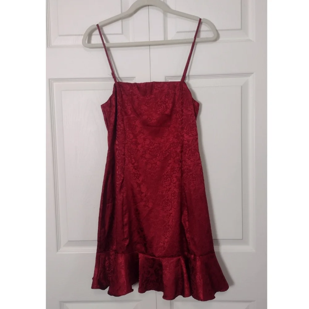 Lulus Kali Floral Satin Ruffle Mini Slip Dress Burgundy Red Size S - Picture 2 of 13